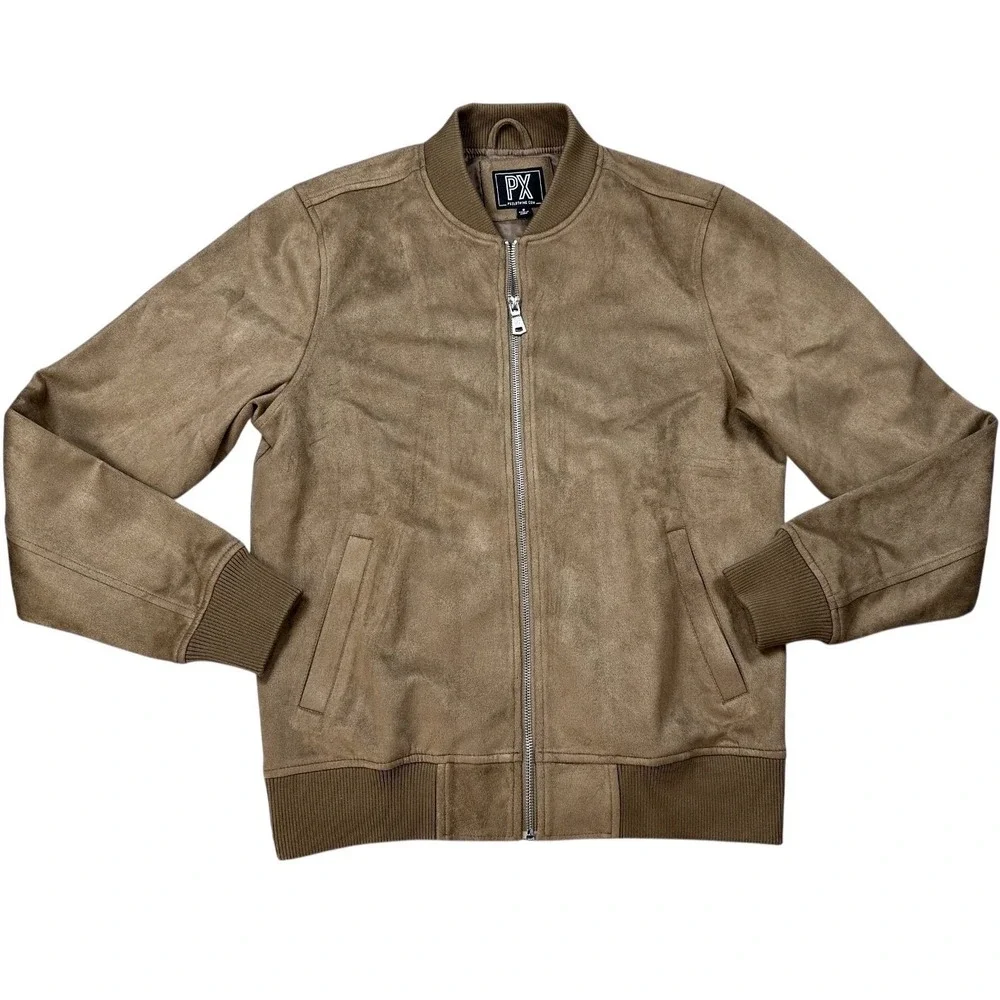 PX CLOTHING Bomber Jacket Brown Faux Suede Full Zipper Front Men's Small